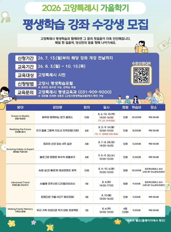 ▲ 2026 고양시 가을학기 평생학습 강좌 수강생 모집 안내문