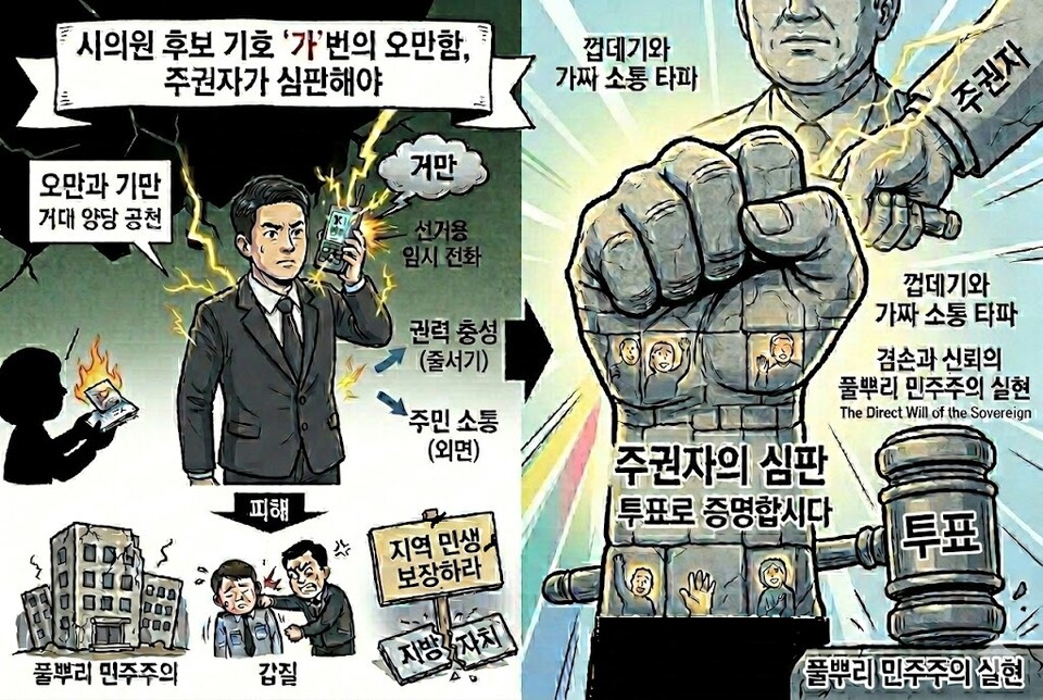 ▲ 기호 ‘가번’ 시의원 후보 오만함과 유권자 기만하는 ‘선거용 전화’ 기자수첩을 바탕으로 생성형 AI 제미나이를 통해 만든 이미지.