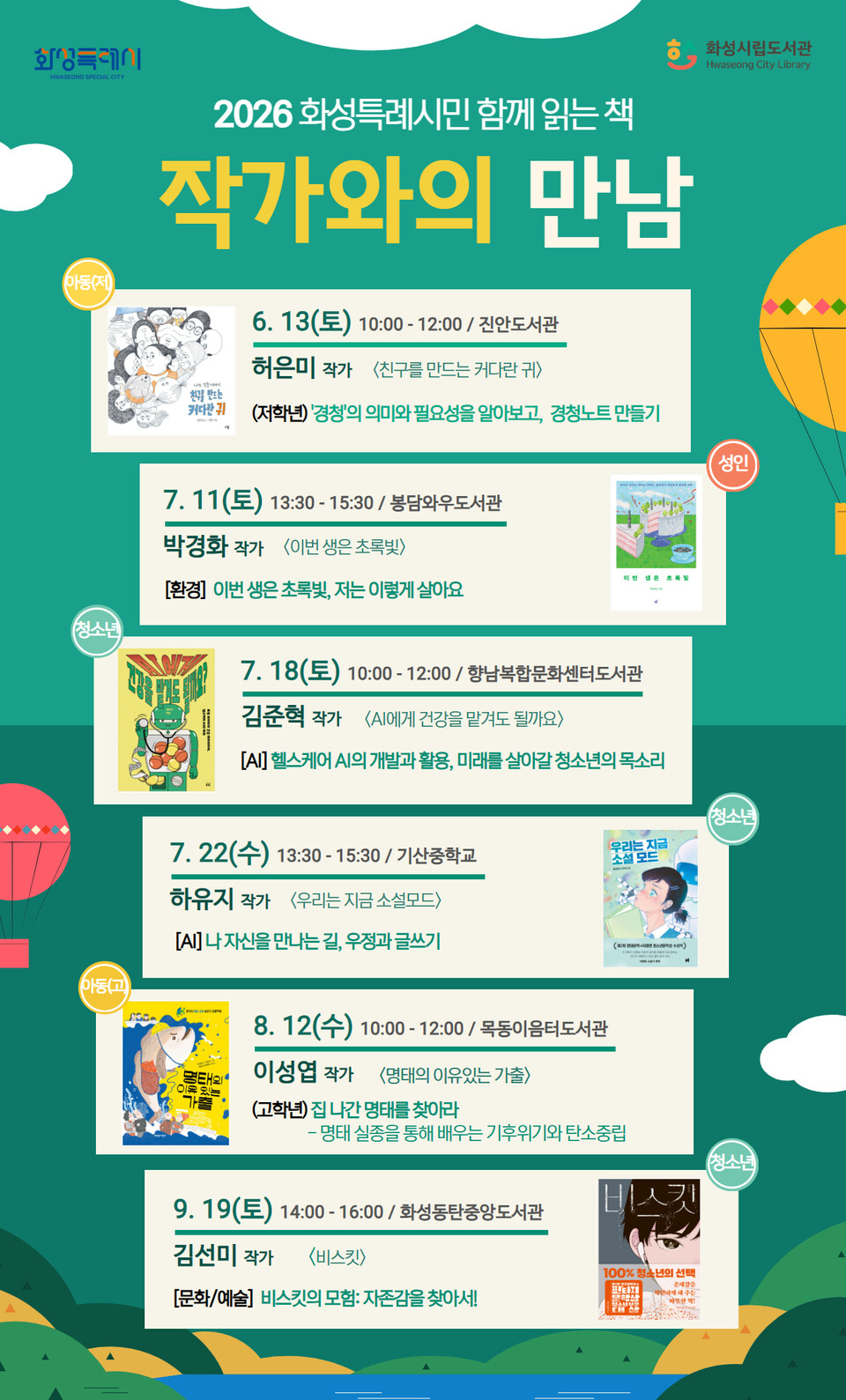 ▲ 화성특례시, '2026년 화성특례시민 함께 읽는 책' 작가와의 만남 참가자 모집