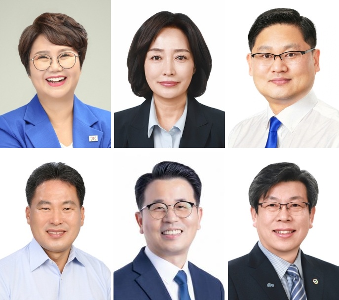 ▲ 사진 위 왼쪽부터 경기도의회 김경옥 의원(더불어민주당, 평택3), 김명숙 의원(더불어민주당, 평택2), 안계명 의원(더불어민주당, 평택5).사진 아래 왼쪽부터 양경석 의원(더불어민주당, 평택1), 한규찬 의원(더불어민주당, 평택4), 한승훈 의원(더불어민주당, 평택6)